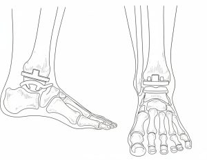 Unlabeled line drawing of ankle replacement hardware